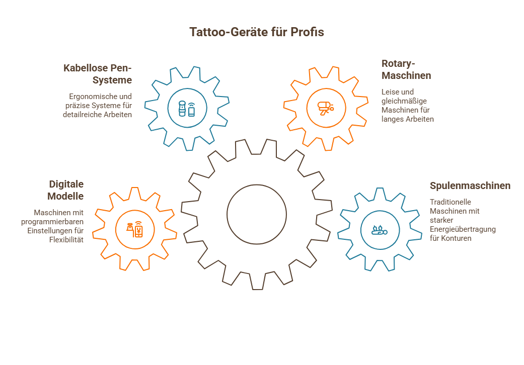 Darstellung verschiedener Tattoo-Geräte für Profis in Zahnraddesign: kabellose Pen-Systeme, Rotary-Maschinen, Spulenmaschinen und digitale Modelle mit kurzen Beschreibungen ihrer Eigenschaften.