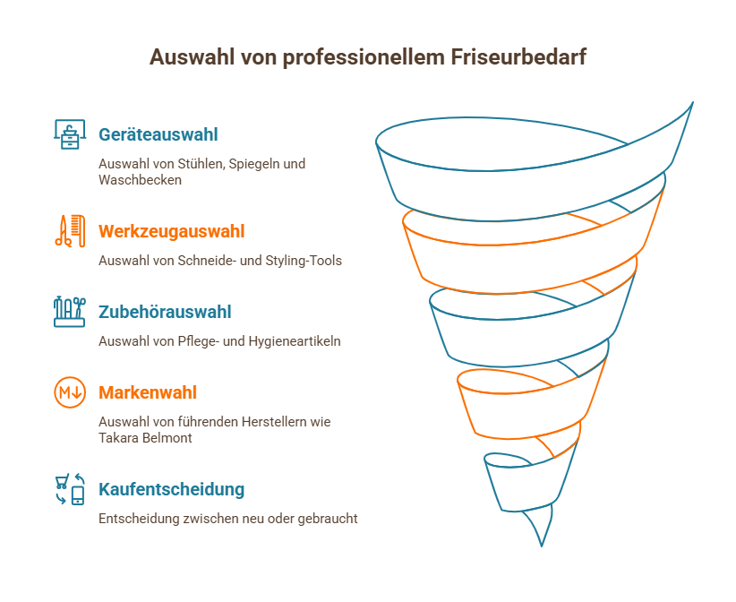 Infografik zur Auswahl von professionellem Friseurbedarf mit fünf Schritten: Geräteauswahl, Werkzeugauswahl, Zubehör, Markenwahl und Kaufentscheidung (neu oder gebraucht).