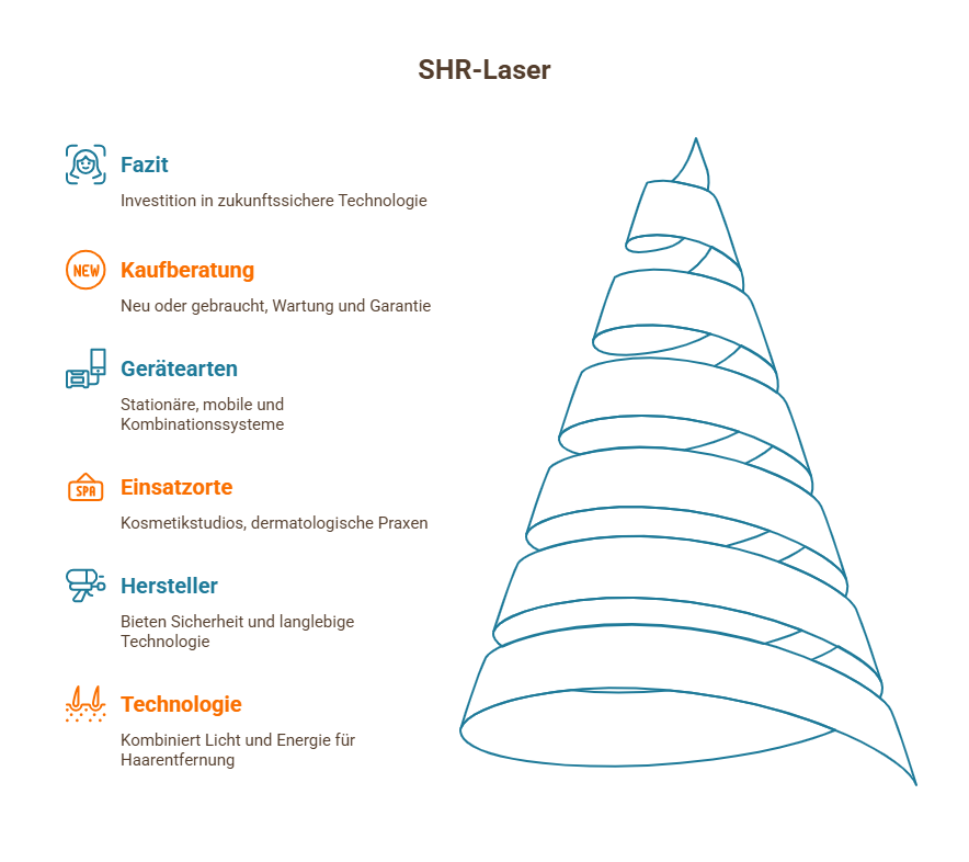 Grafik zum SHR-Laser mit Stichpunkten zu Technologie, Gerätearten, Kaufberatung und Einsatz in Kosmetikstudios und Praxen.
