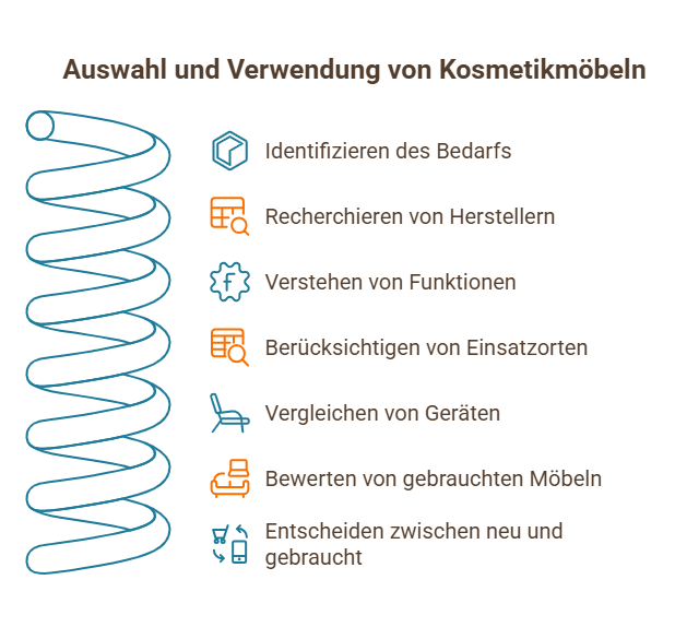 Infografik zur Auswahl und Nutzung von Kosmetikmöbeln mit Schritten von Bedarfsermittlung bis Kaufentscheidung.