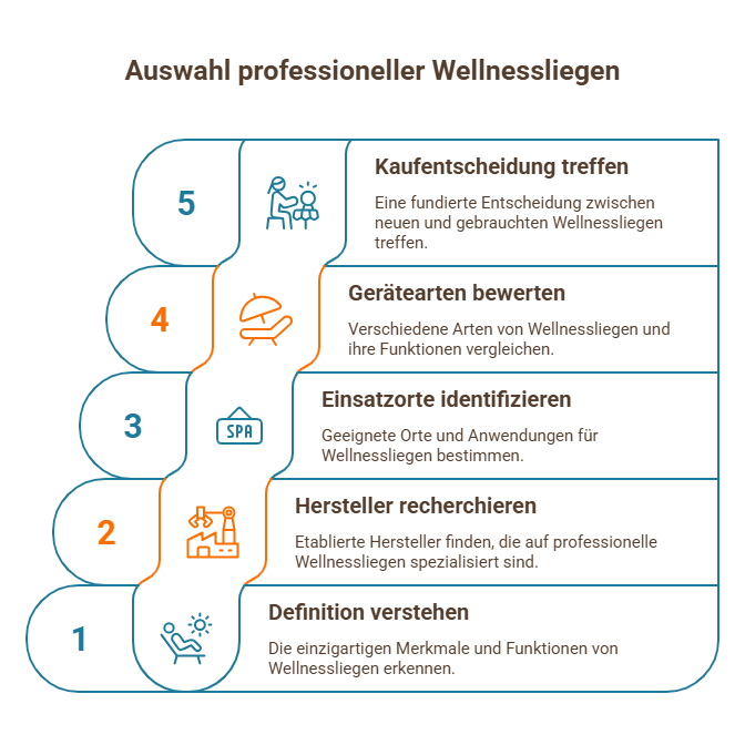 Infografik zur Auswahl professioneller Wellnessliegen mit Schritten von Definition über Vergleich bis Kaufentscheidung.