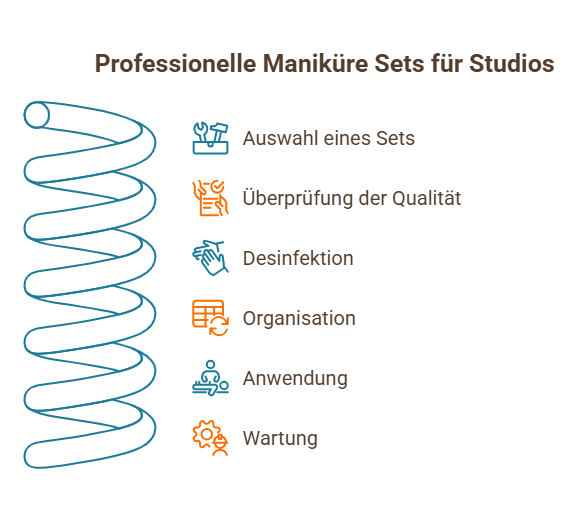 Infografik zu professionellen Maniküre-Sets für Studios mit Schritten von Auswahl über Hygiene bis Wartung.