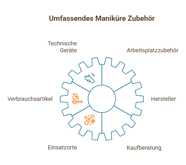 Infografik zu umfassendem Maniküre-Zubehör mit Geräten, Verbrauchsartikeln, Einsatzorten und Kaufberatung.