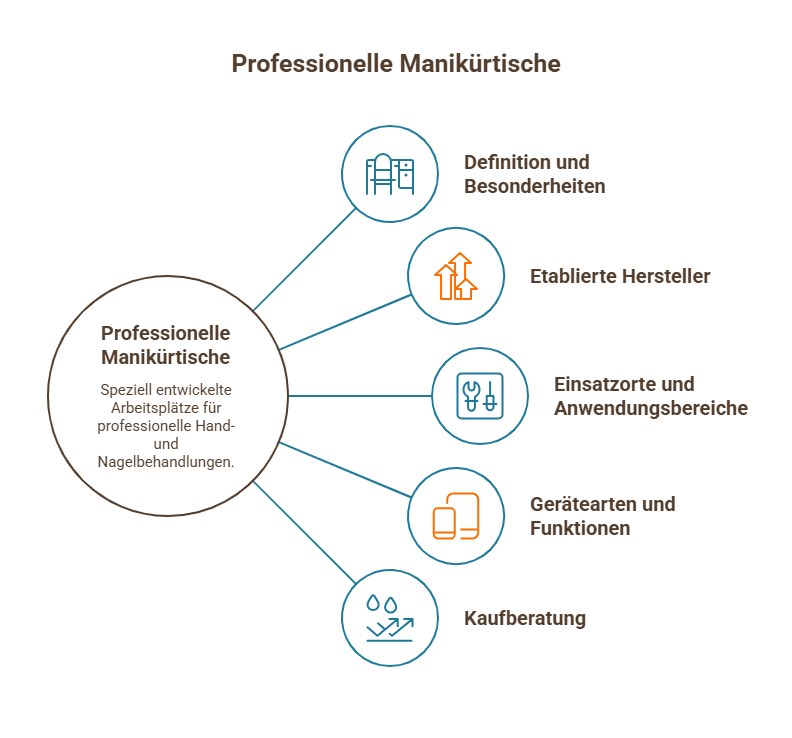 Infografik zu professionellen Manikürtischen mit Infos zu Funktionen, Einsatzbereichen, Herstellern und Kaufberatung.
