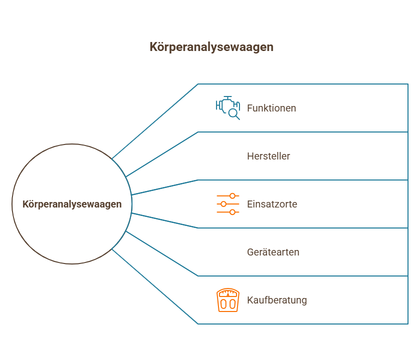 Infografik zu Körperanalysewaagen mit Infos zu Funktionen, Gerätearten, Einsatzorten, Herstellern und Kaufberatung.