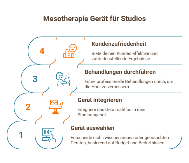 Infografik: Mesotherapie-Gerät für Studios in vier Schritten – auswählen, integrieren, Behandlungen durchführen, Kundenzufriedenheit steigern.
