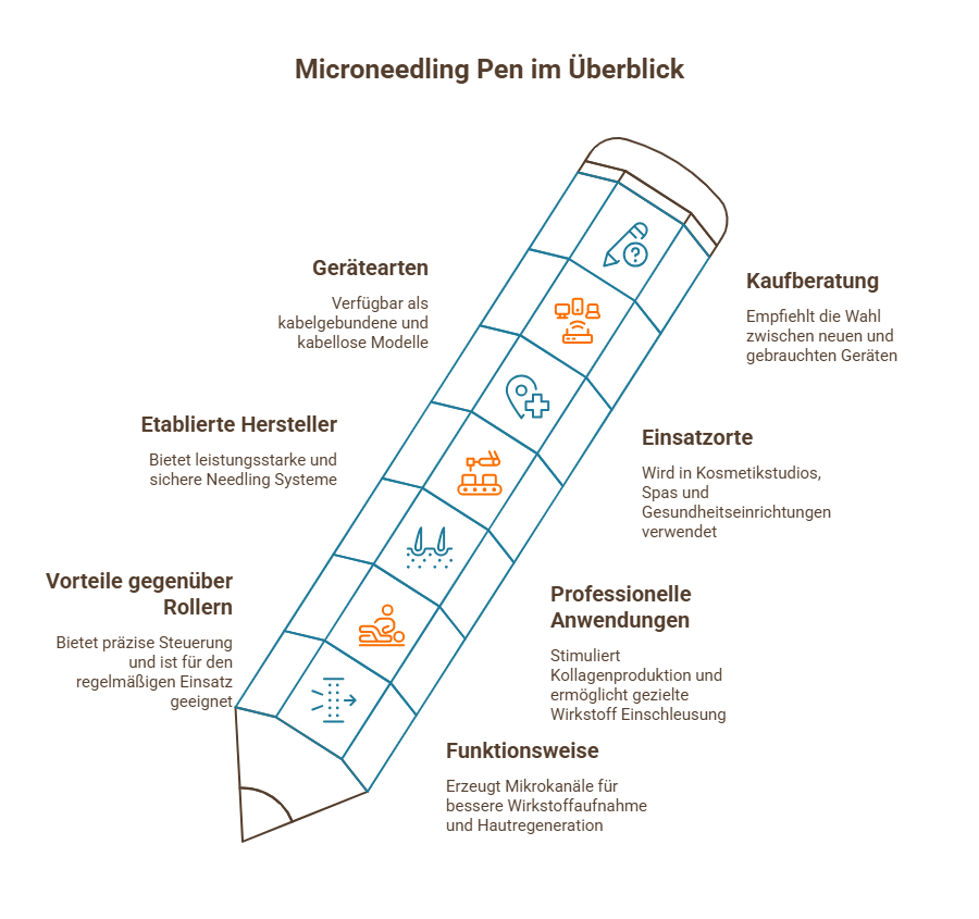 Infografik: Microneedling-Pen im Überblick – Gerätearten, Einsatzorte, Vorteile und Funktionsweise für professionelle Hautbehandlungen.