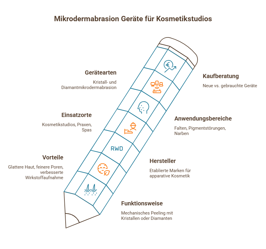 Infografik: Mikrodermabrasion-Geräte für Kosmetikstudios – Gerätearten, Einsatzorte, Vorteile, Funktionsweise und Anwendungsbereiche.
