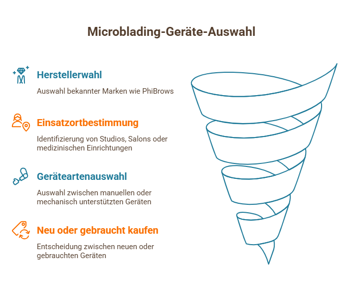 Infografik zur Auswahl von Microblading-Geräten mit vier Schritten und Trichterdiagramm.