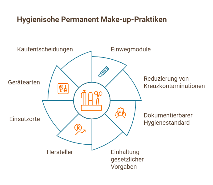Infografik zu hygienischen Permanent Make-up-Praktiken mit zentralem Diagramm und Stichpunkten zu Hygiene und Auswahl.