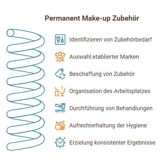 Infografik zu Permanent Make-up Zubehör mit Schritten von Bedarfsermittlung bis Hygiene und konsistenten Ergebnissen sowie Spiraldiagramm links.