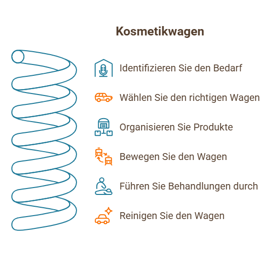 Infografik zu Kosmetikwagen mit Schritten von Bedarf bis Reinigung und Spiraldiagramm.