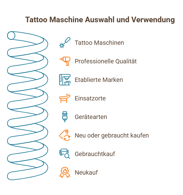 Infografik zur Auswahl und Verwendung von Tattoo-Maschinen mit Punkten zu Qualität, Marken, Einsatzorten und Kaufoptionen sowie Spiraldiagramm links.
