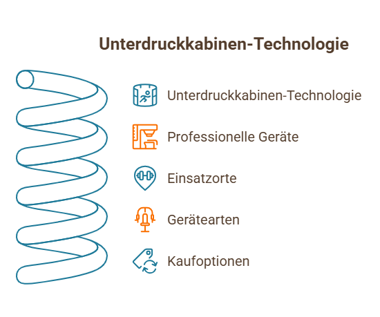 Infografik zur Unterdruckkabinen-Technologie mit Punkten zu Geräten, Einsatzorten, Gerätetypen und Kaufoptionen sowie Spiraldiagramm links.