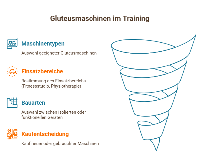 Infografik zu Gluteusmaschinen im Training: Maschinentypen, Einsatzbereiche, Bauarten und Kaufentscheidung.