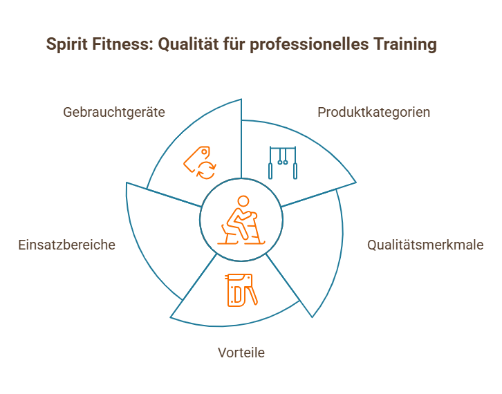 Spirit Fitness Infografik zu professionellem Training mit Kreisdiagramm und den Bereichen Gebrauchtgeräte, Produktkategorien, Qualitätsmerkmale, Vorteile und Einsatzbereiche.