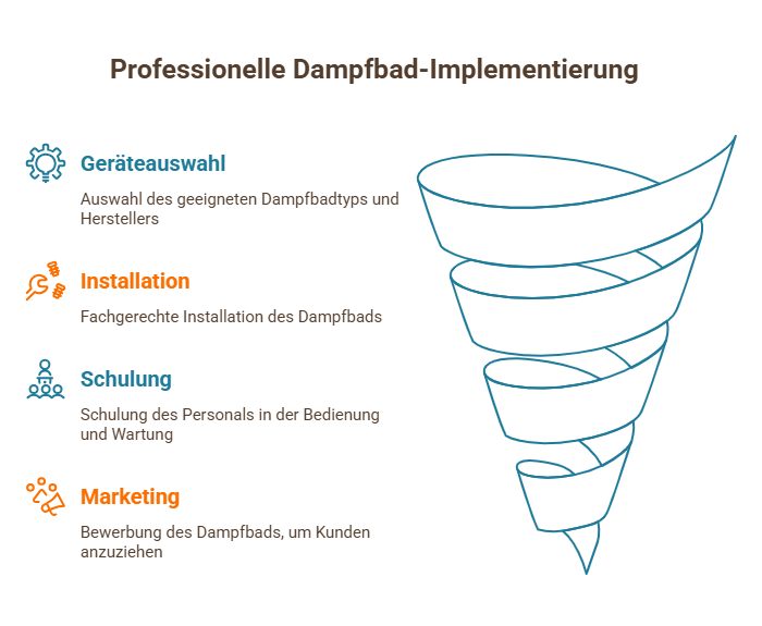 Infografik zur professionellen Dampfbad-Implementierung mit Geräteauswahl, Installation, Schulung und Marketing