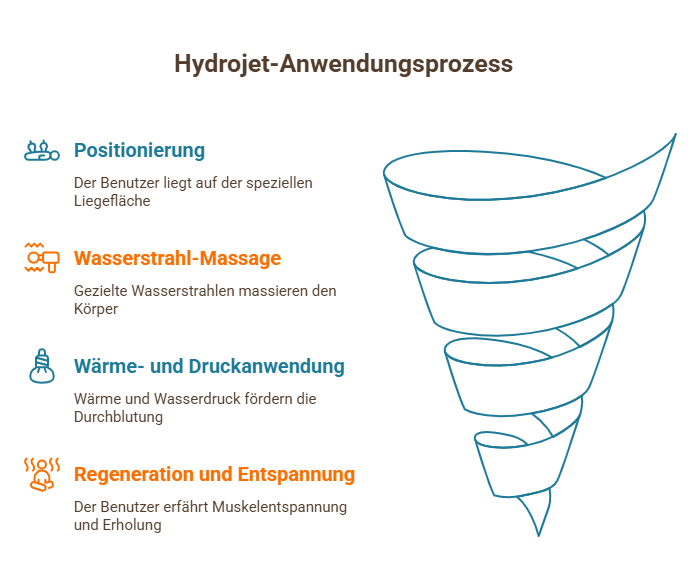 Infografik zum Hydrojet-Anwendungsprozess mit Positionierung, Wasserstrahl-Massage, Wärme- und Druckanwendung sowie Regeneration und Entspannung