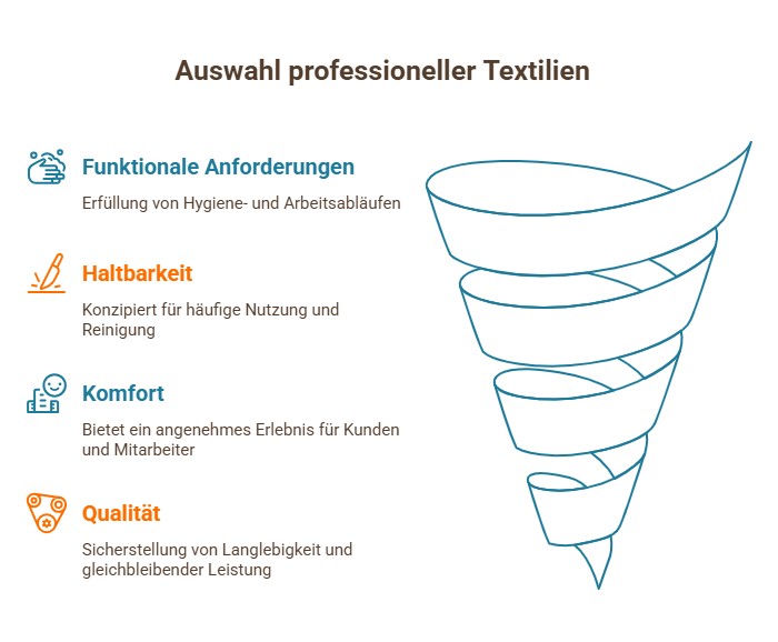 Infografik zu professioneller Bekleidung und Textilien mit Anforderungen an Hygiene, Haltbarkeit, Komfort und Qualität