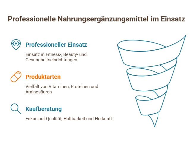 Infografik zu professionellen Nahrungsergänzungsmitteln mit Einsatzbereichen, Produktarten und Kaufberatung