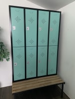Used lockers with bench seat made of wood / Colour: Turquoise