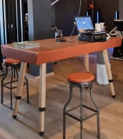 Table, Counter, Communication Table with Cable Channel and Faux Leather Upholstery in Fawn Brown